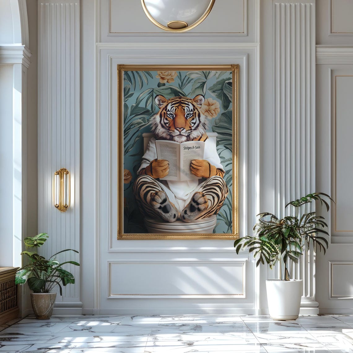 Tiger in a White Bathrobe Reading Stripes and Sass on a Toilet Poster - Image 7