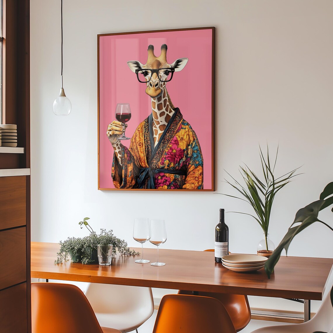 Giraffe in Glasses and Floral Robe Holding a Glass of Red Wine Poster - Image 4