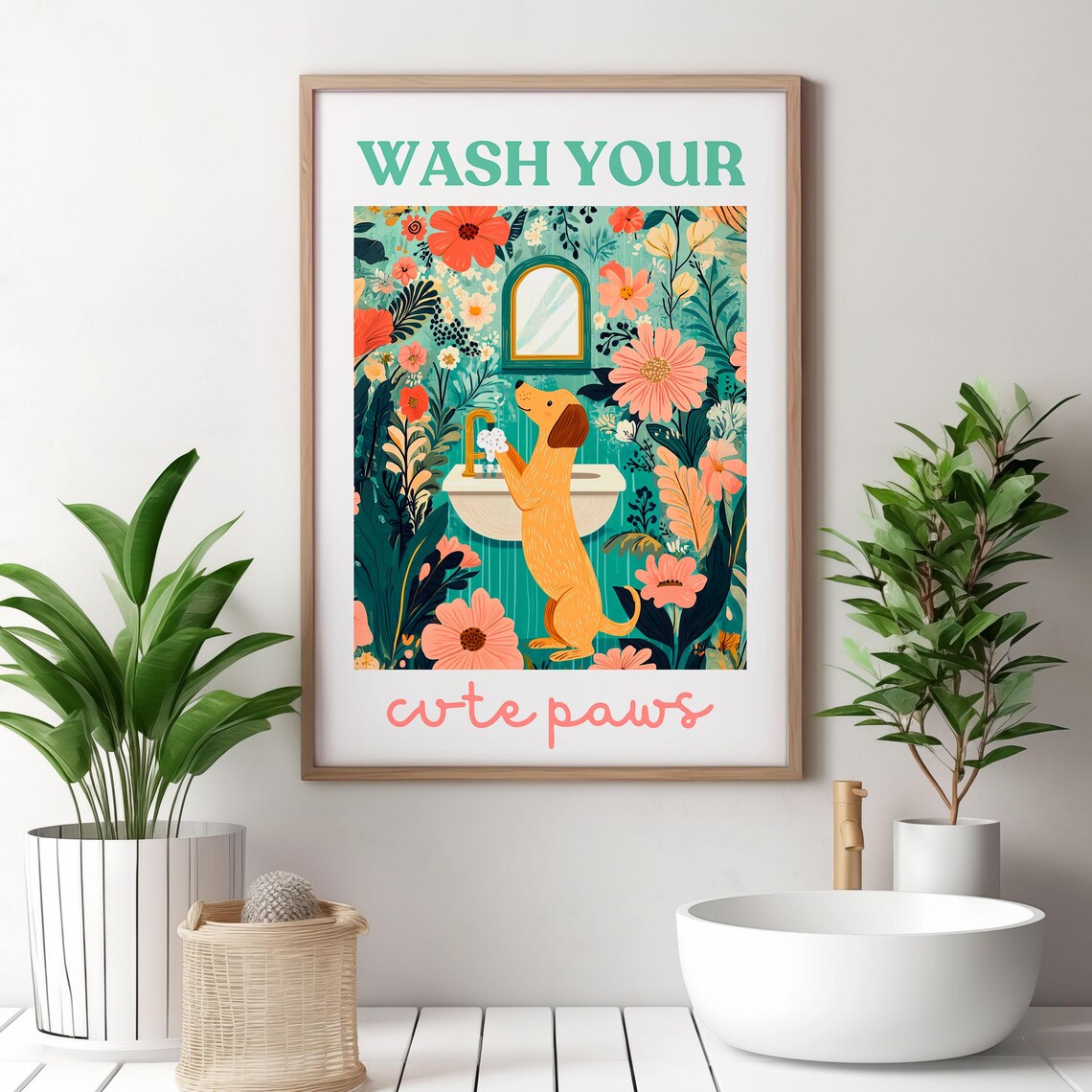 Wash Your Cute Paws Dog at a Sink Kids Bathroom Reminder Poster - Image 2