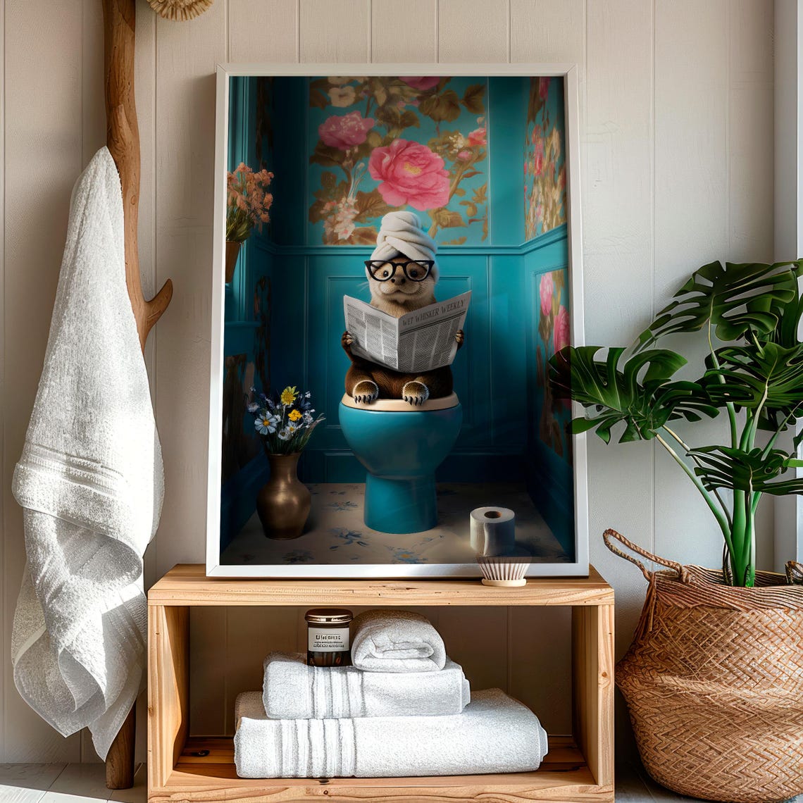 Otter With Glasses Reading Wet Whisker Weekly on a Teal Toilet Poster - Image 7