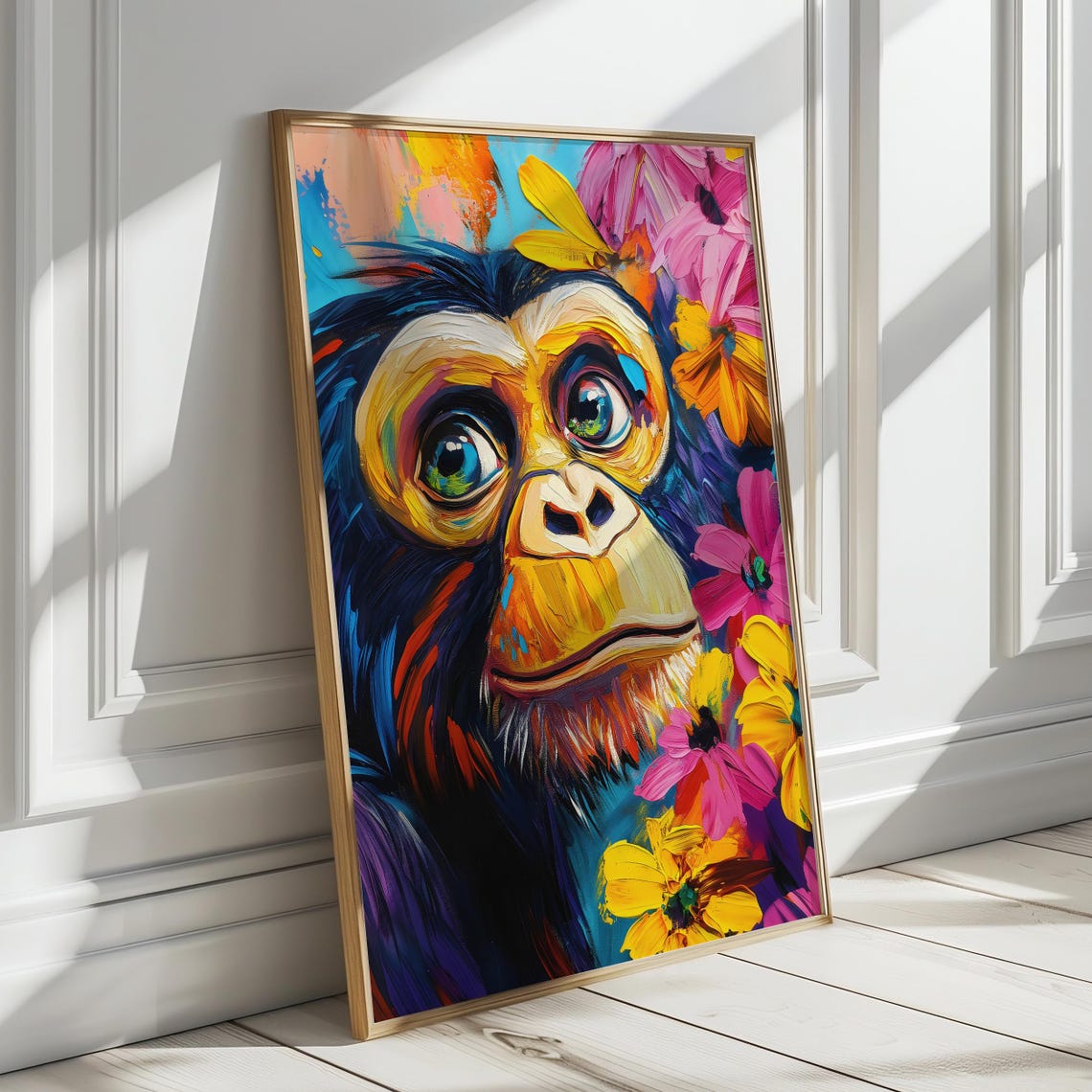 Monkey Portrait in Vivid Abstract Paint With Blooming Flowers Poster - Image 4