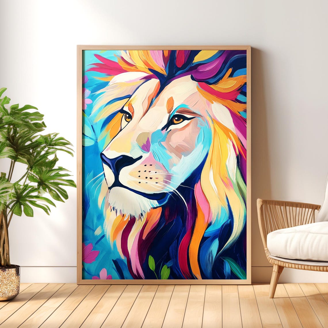 Lion With a Rainbow Mane in Bold Abstract Paint Wildlife Poster