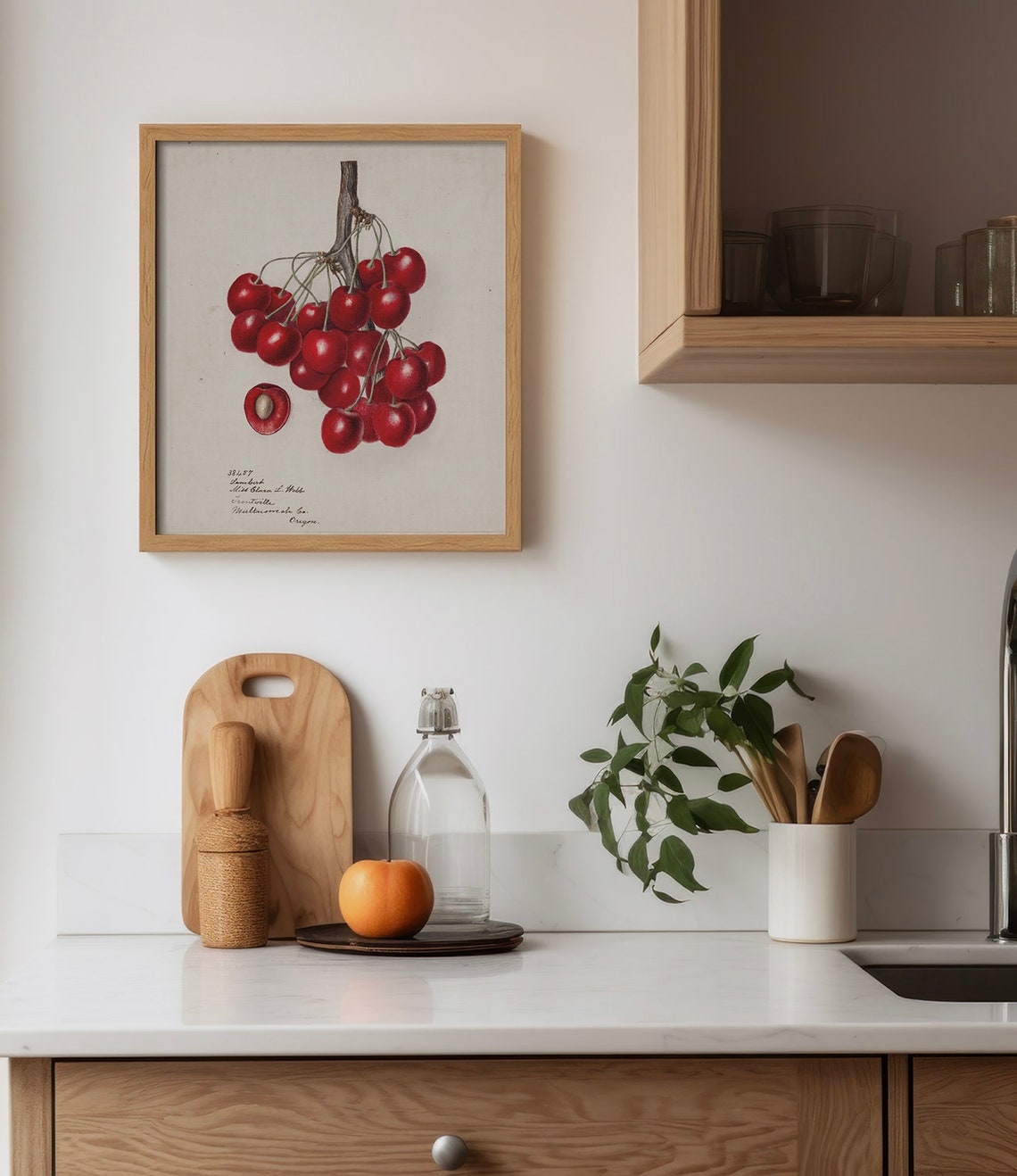 Vintage Red Cherries Branch Botanical Fruit Kitchen Wall Art - Image 2