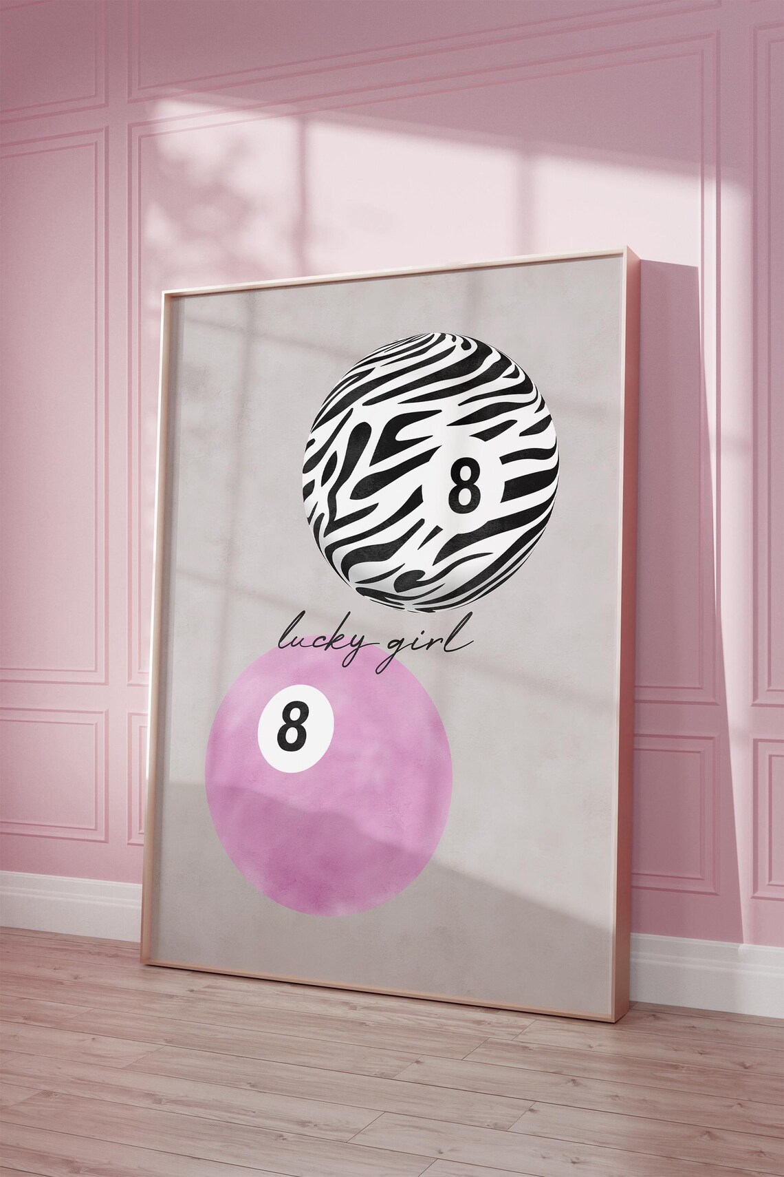Lucky Girl Zebra 8 Ball Pink Watercolor Y2K Trendy Room Poster - Image 3
