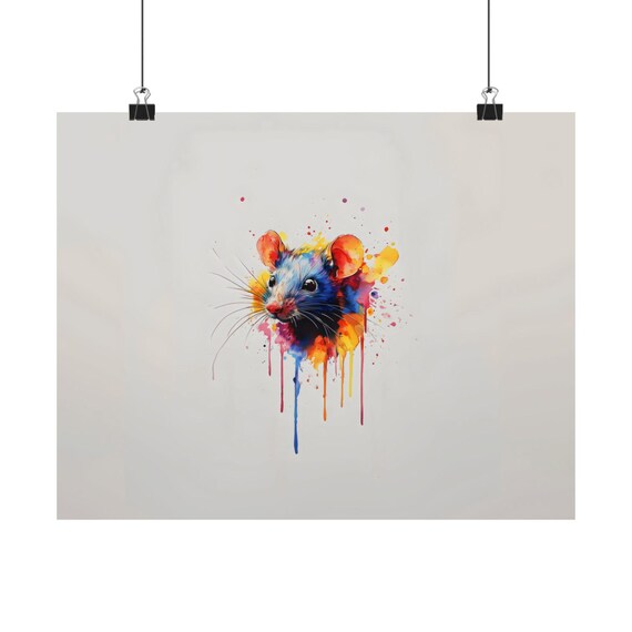 Colorful Watercolor Rat Portrait With Paint Splash Drips Poster