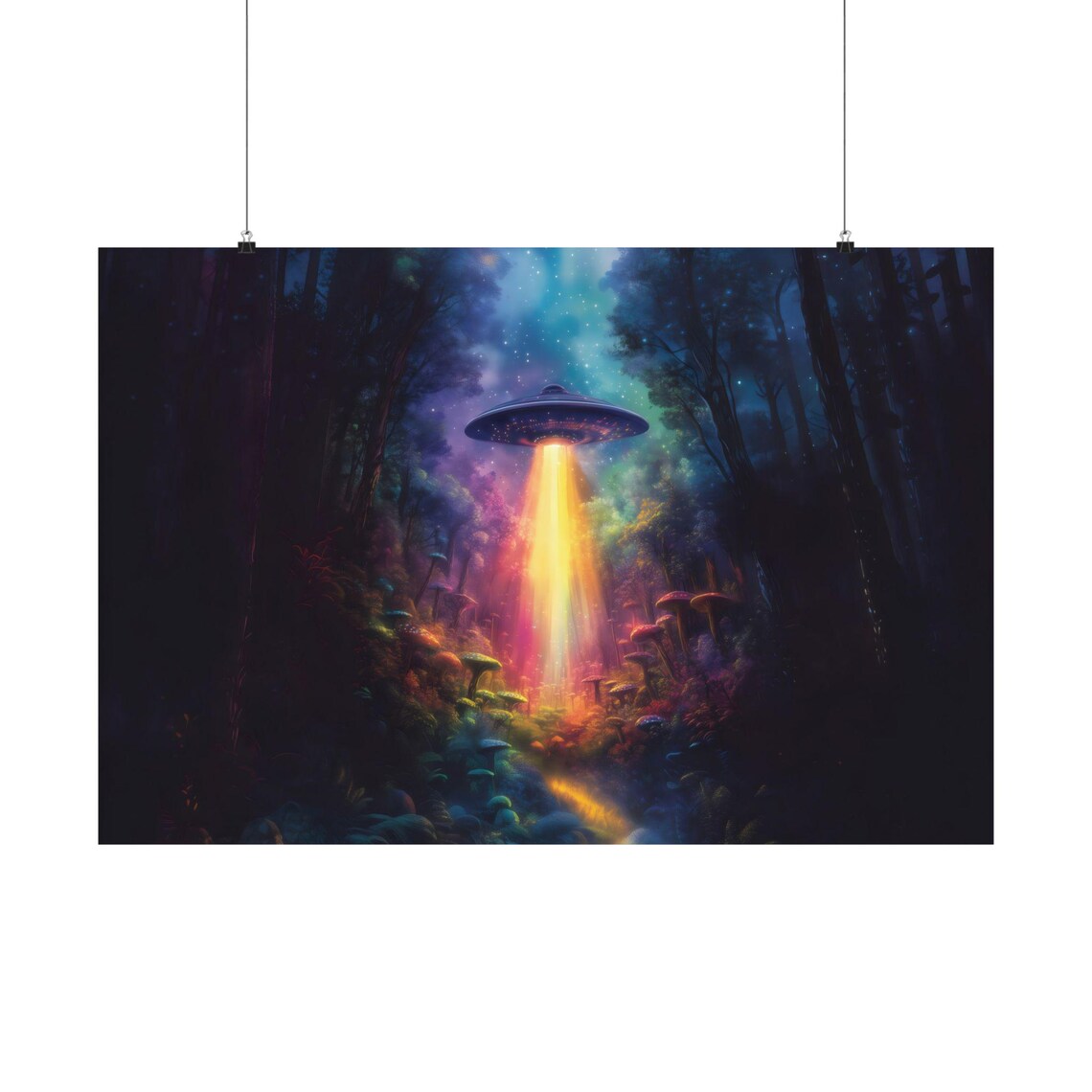 Flying Saucer Beaming Golden Light on Mushroom Woods at Night Poster