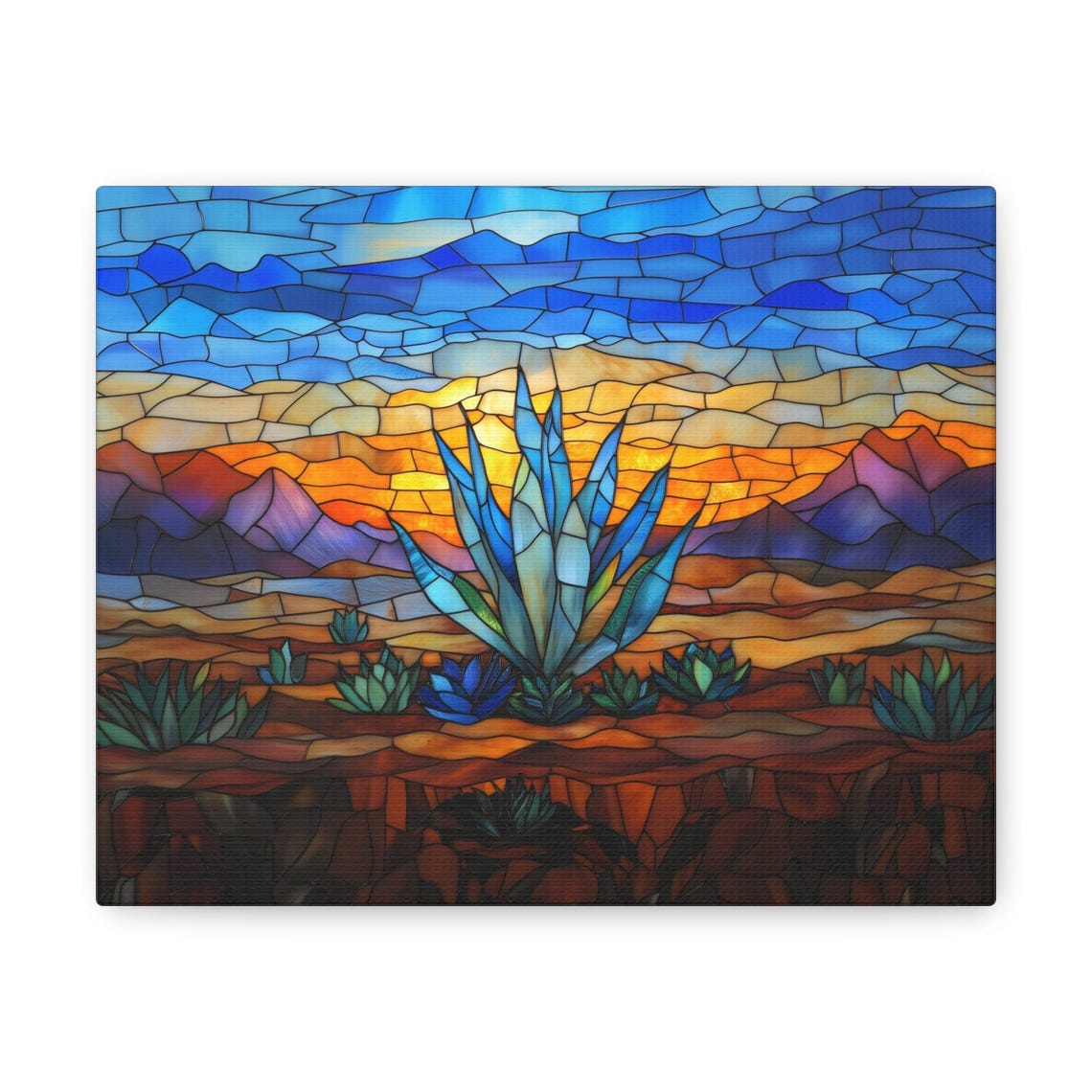Blue Agave Stained Glass Desert Sunset Over Mountains Art Print - Image 3