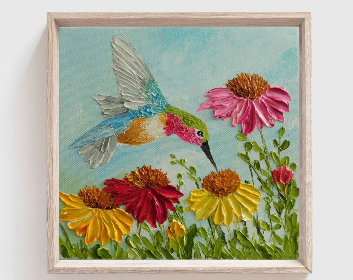 Custom Cone Flowers and Hummingbird Impasto Art Print