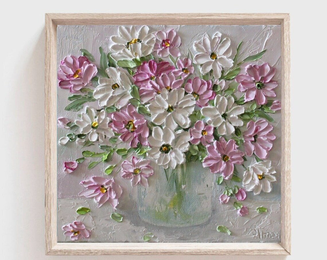 Custom White and Pink Daisy Still Life, Oil Impasto Art Print