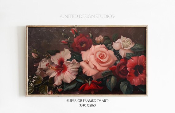 Red White Roses Valentines Day Frame Tv Art Floral Oil Painting Botanical Flowers Frame Tv Art Dark Moody Decor Baroque Frame Tv Art