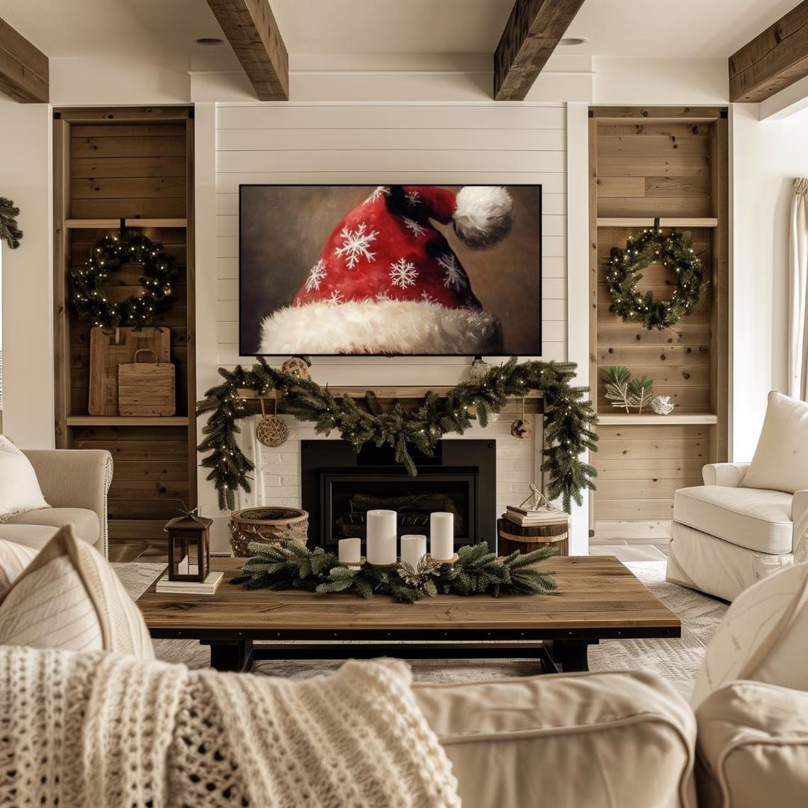 Frame Tv Winter Art Classic Neutral Painting Of Santas Hat Frame Tv Art Farmhouse Christmas Tv Art Holiday Frame Tv Art - Image 4