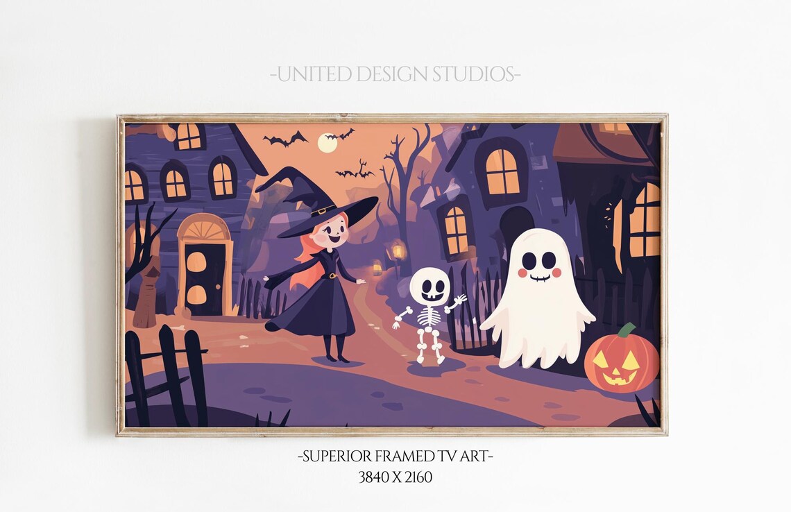 Cute Halloween Witch Ghost Skeleton Spooky Street Night Kids Art Poster