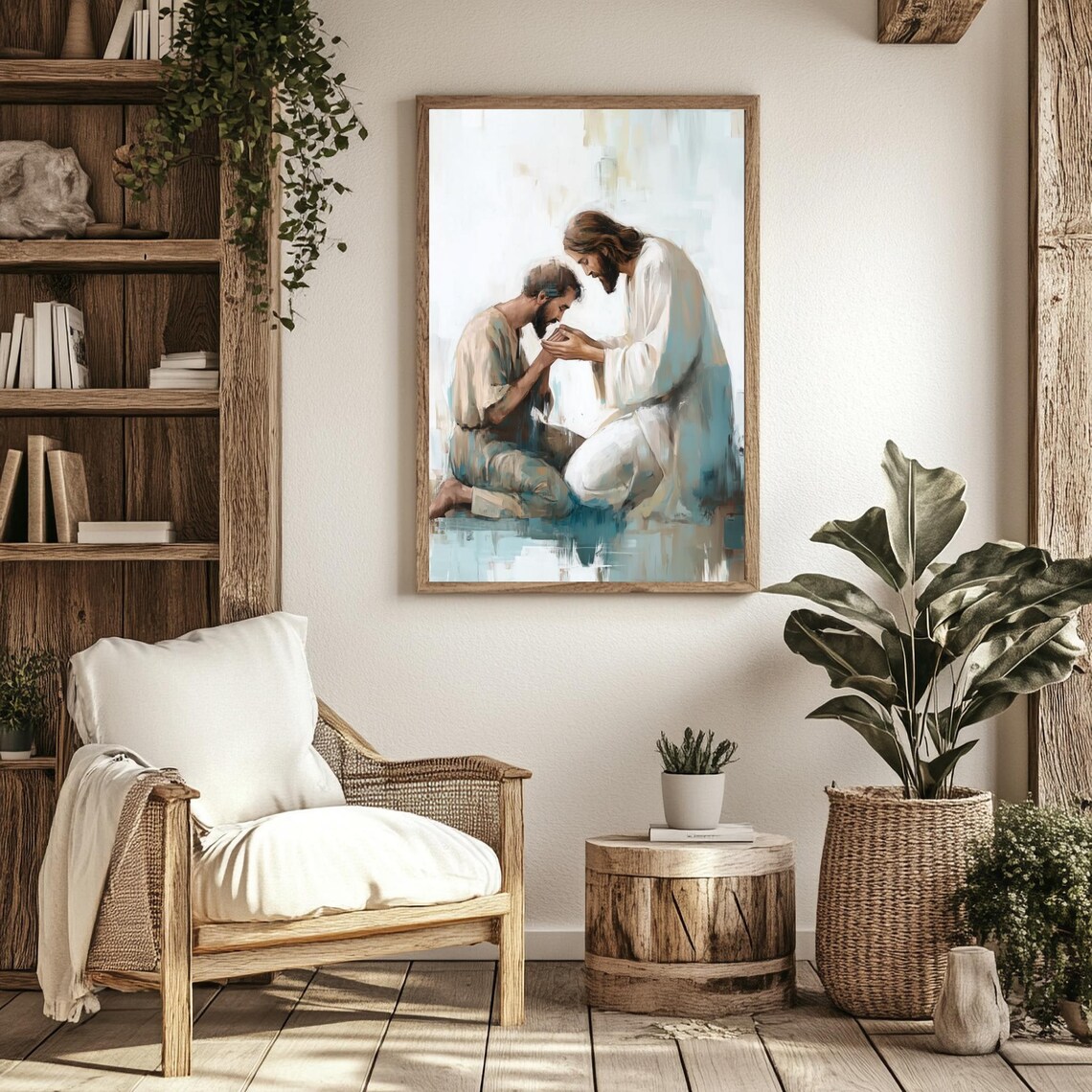 Jesus Praying With Man Foreheads Touching Tender Comfort Blue Watercolor Poster - Image 2