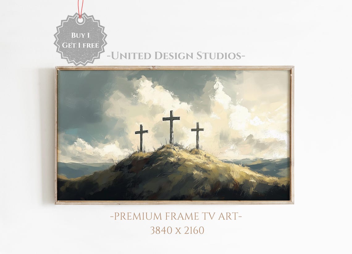 Three Crosses On Calvary Hill Moody Storm Clouds Christian Poster