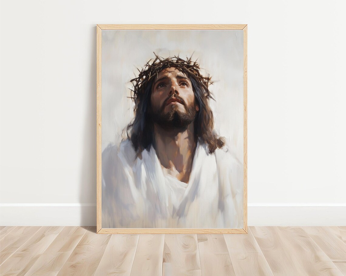 Jesus Crown Of Thorns Looking To Heaven Oil Painting Faithful Christ Poster - Image 3