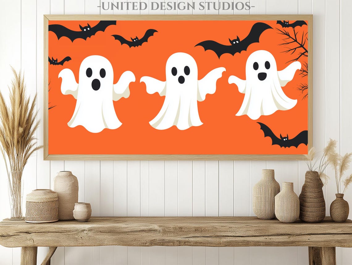 Three Cute White Ghosts Bats Bright Orange Kids Halloween Party Poster - Image 2