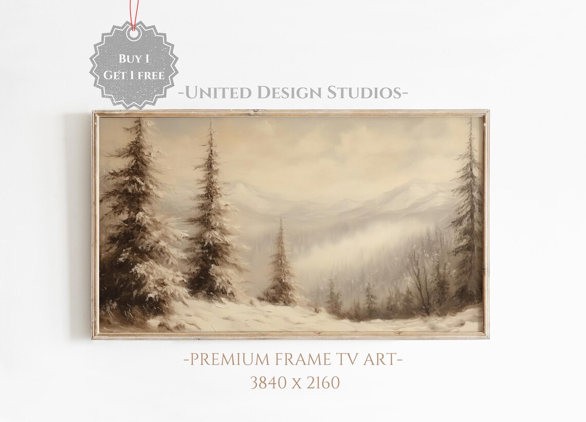 Neutral Beige Snowy Pine Forest Mountain Minimalist Winter Art Poster
