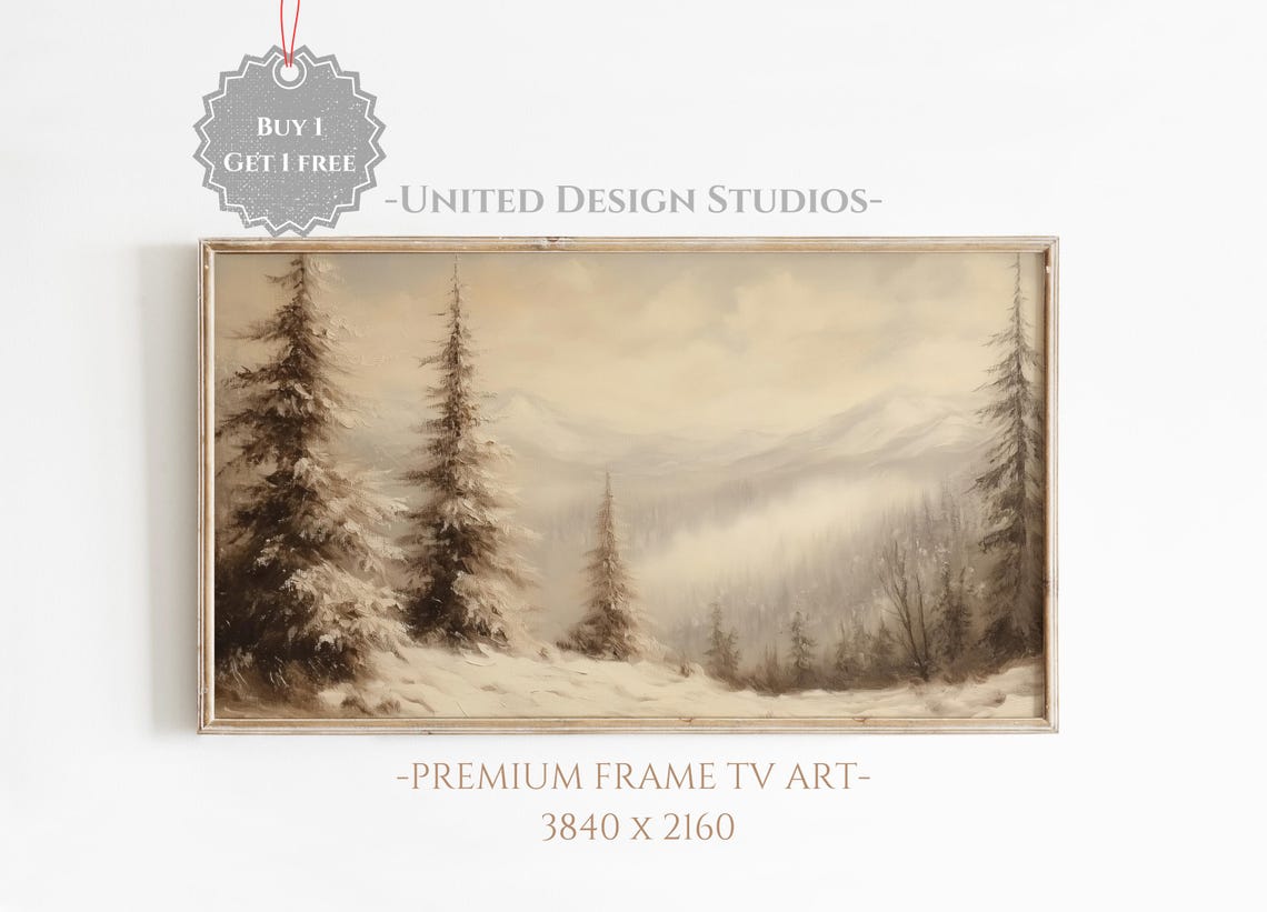 Winter Frame Tv Art Neutral Painting Winter Mountain Landscape Snow Covered Trees Tv Art Farmhouse Winter Tv Art Frame Tv Art Christmas