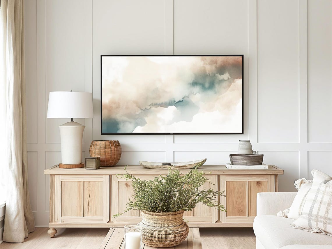 Blue Brown White Abstract Clouds Watercolor Wash Frame TV Art Poster - Image 2
