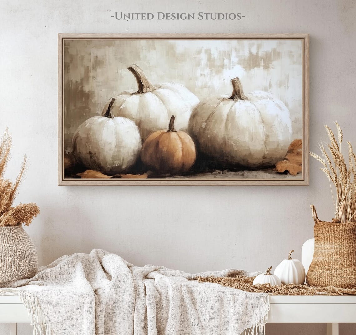 White Pumpkins Neutral Still Life One Orange Fall Farmhouse Art Poster - Image 4