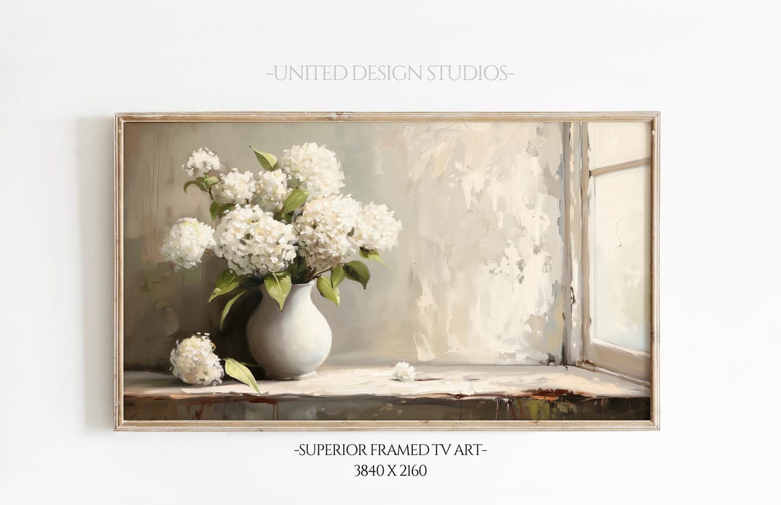 White Hydrangeas Vase Window Light Rustic Floral Still Life Poster
