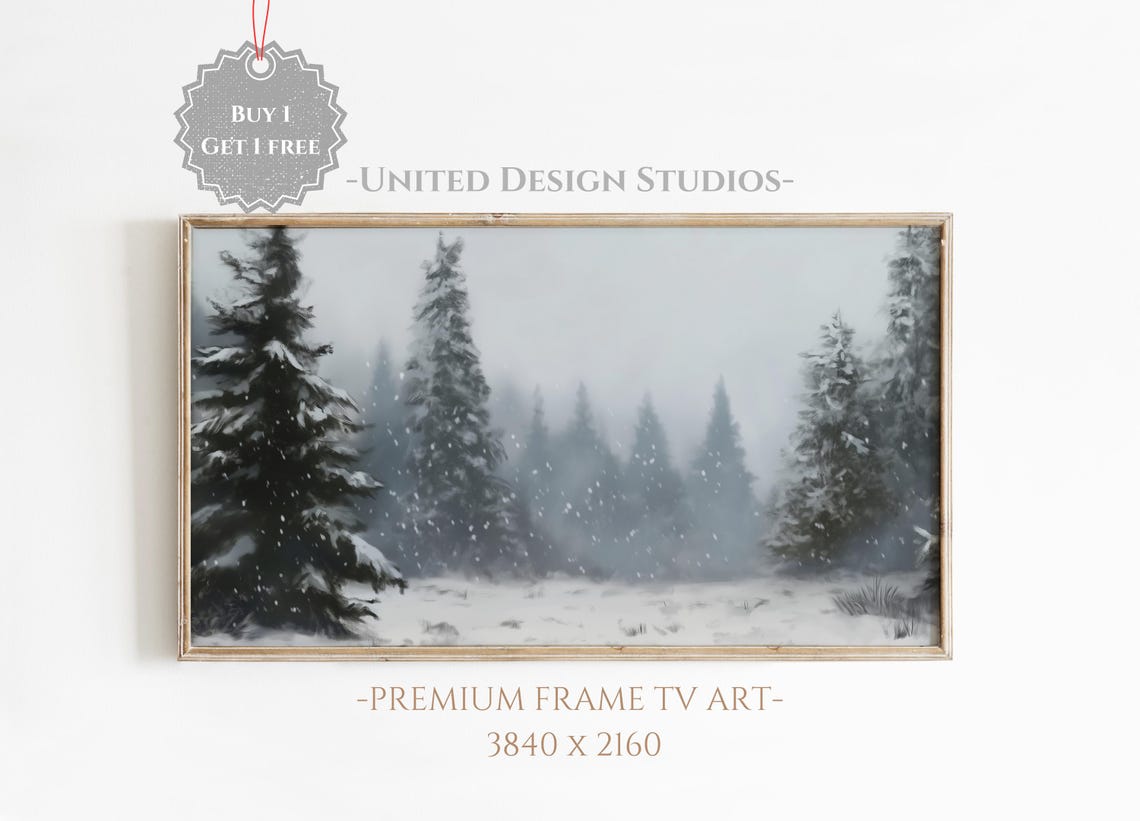 Snowy Pine Trees Falling Snow Winter Forest Painting Art Print