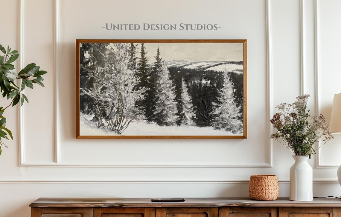 Moody Frosted Forest Winter Landscape Painting Farmhouse Art Print - Image 3