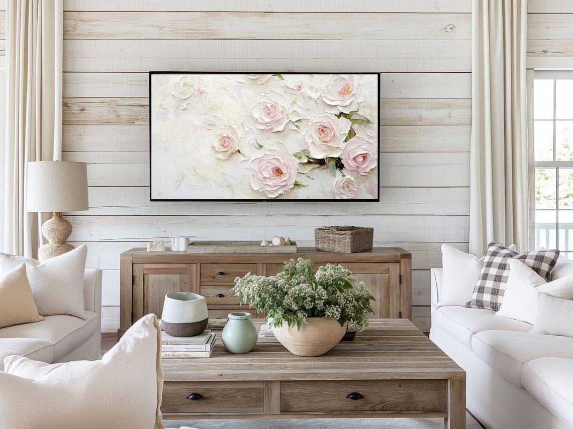 Blush Roses Abstract Textured Spring Floral Oil Painting Wall Art - Image 3