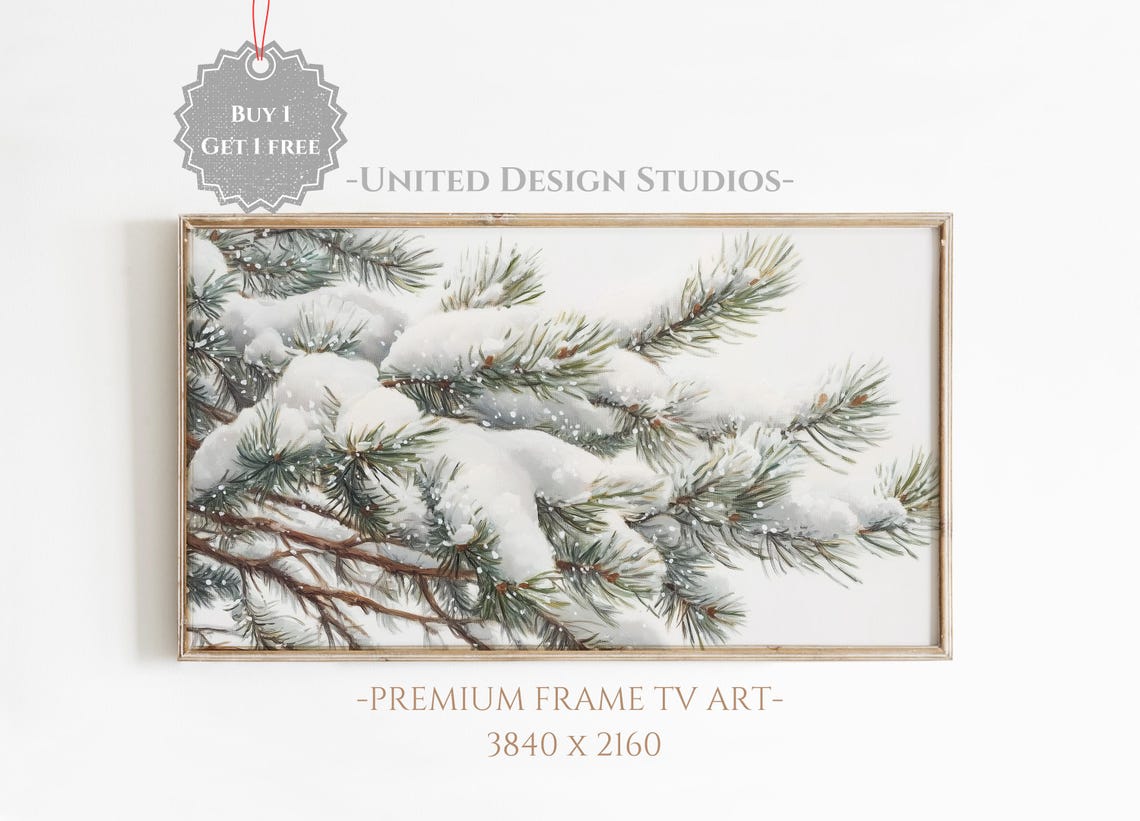 Snowy Pine Branches Winter Close Up Farmhouse Christmas Wall Art