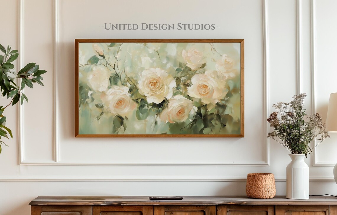 White Roses Sage Green Soft Floral Oil Painting Frame TV Art Poster - Image 3