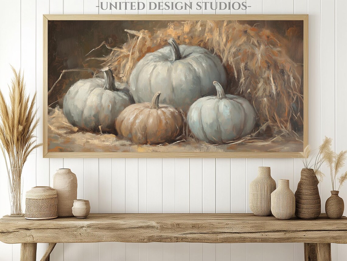 Blue Grey Pumpkins Hay Farmhouse Rustic Fall Still Life Frame TV Art Poster - Image 2
