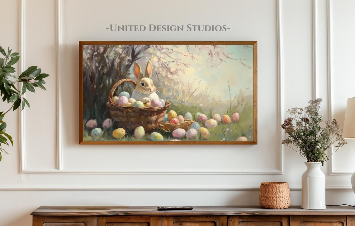 Easter Bunny In Basket With Eggs, Farmhouse Art Print - Image 4