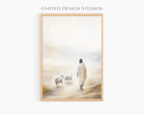 Jesus The Good Shepherd Walking With Sheep Misty Path Watercolor Art Poster