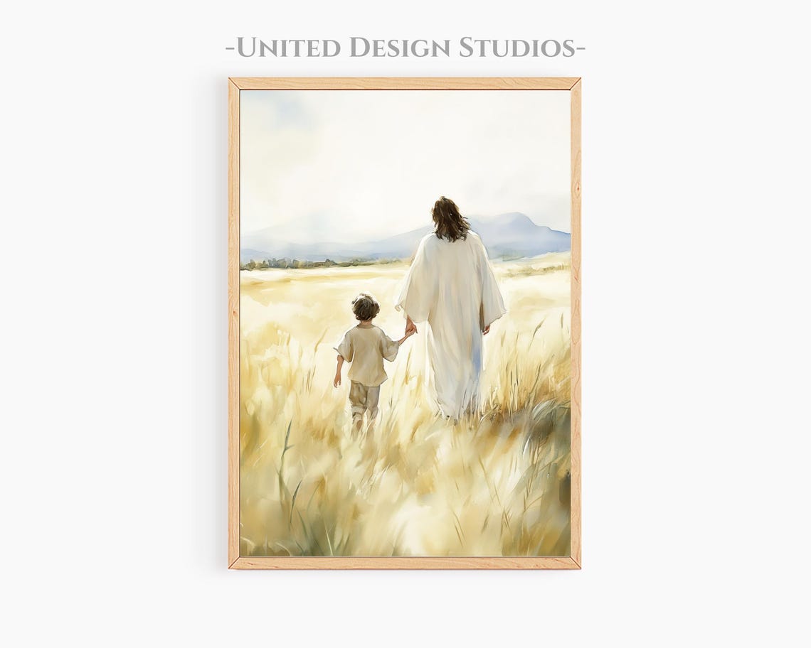 Jesus With Child Art Christian Wall Art Jesus Walking With Woman Jesus And Girl Art Bible Art Faith Art Christian Painting
