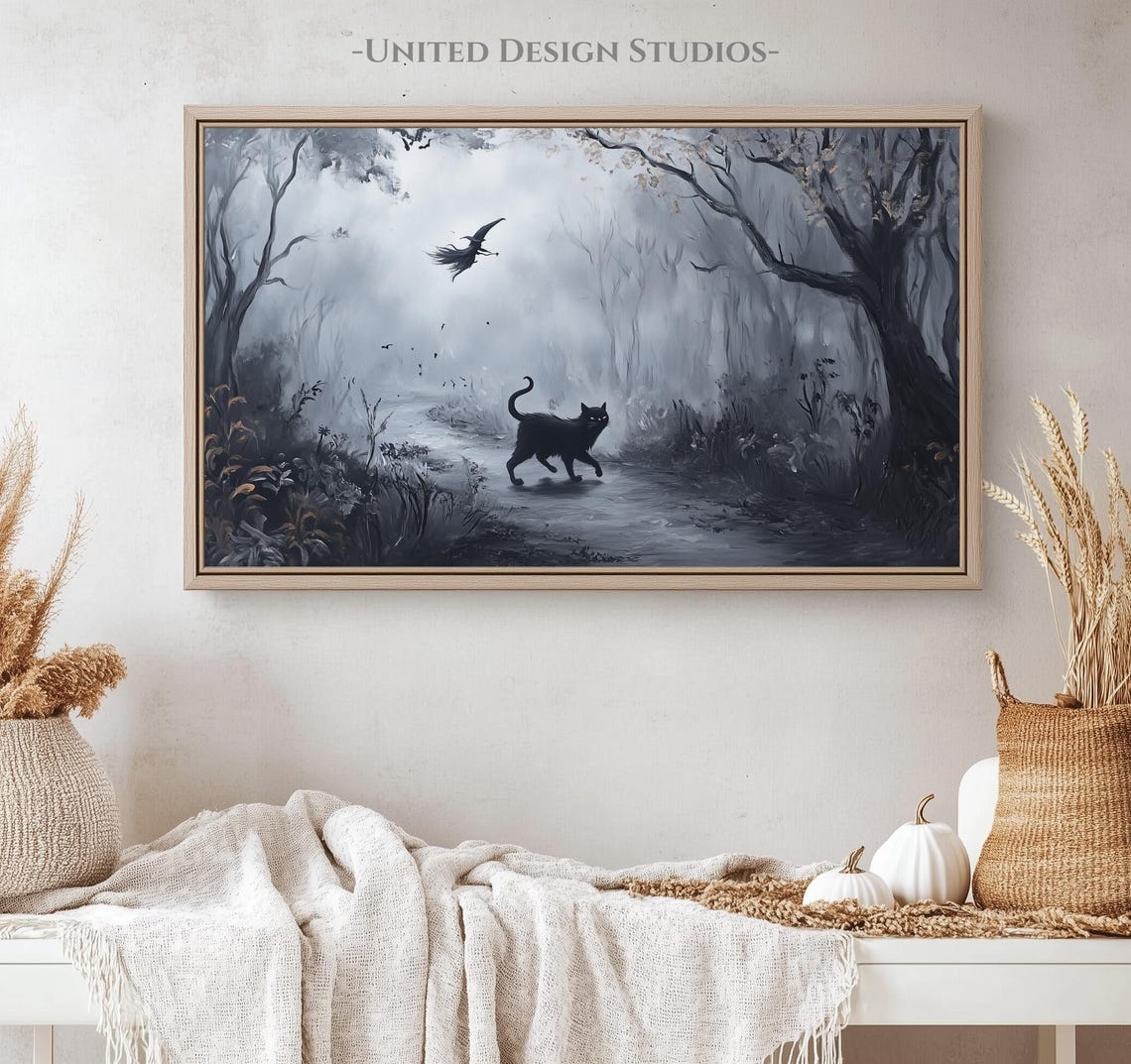 Spooky Halloween Black Cat Misty Forest Witch Flying Vintage Poster - Image 4