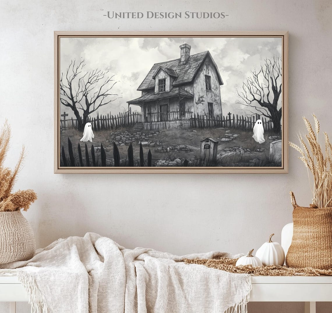 Haunted House Ghosts Gray Spooky Halloween Vintage Style Poster - Image 4