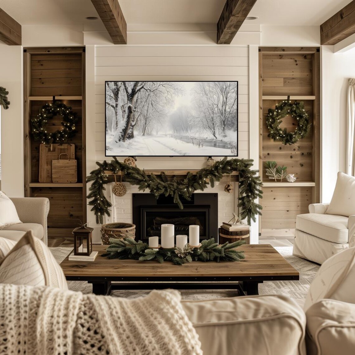 Winter Forest Stream Art Print, Neutral Farmhouse Holiday - Image 4