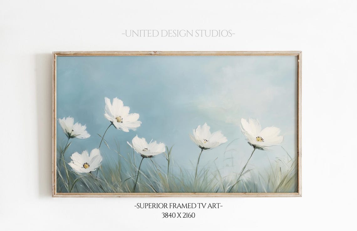 White Cosmos Wildflowers Soft Blue Sky Impressionist Floral Poster