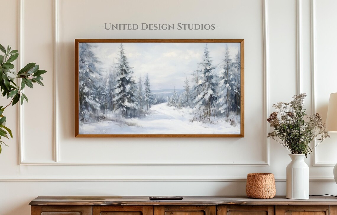 Frame Tv Winter Art Winter Forest Painting Frame Tv Art Snowy Pine Trees Tv Art Winter Landscape Farmhouse Winter Tv Art - Image 3