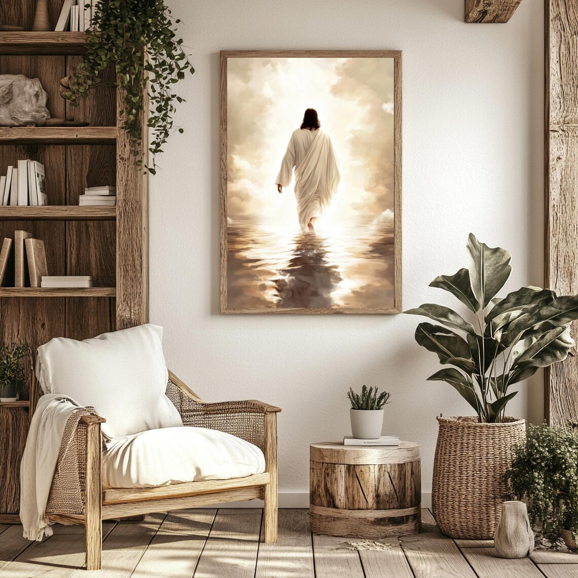 Jesus Walking On Water Golden Heavenly Clouds Glow Christian Art Poster - Image 2