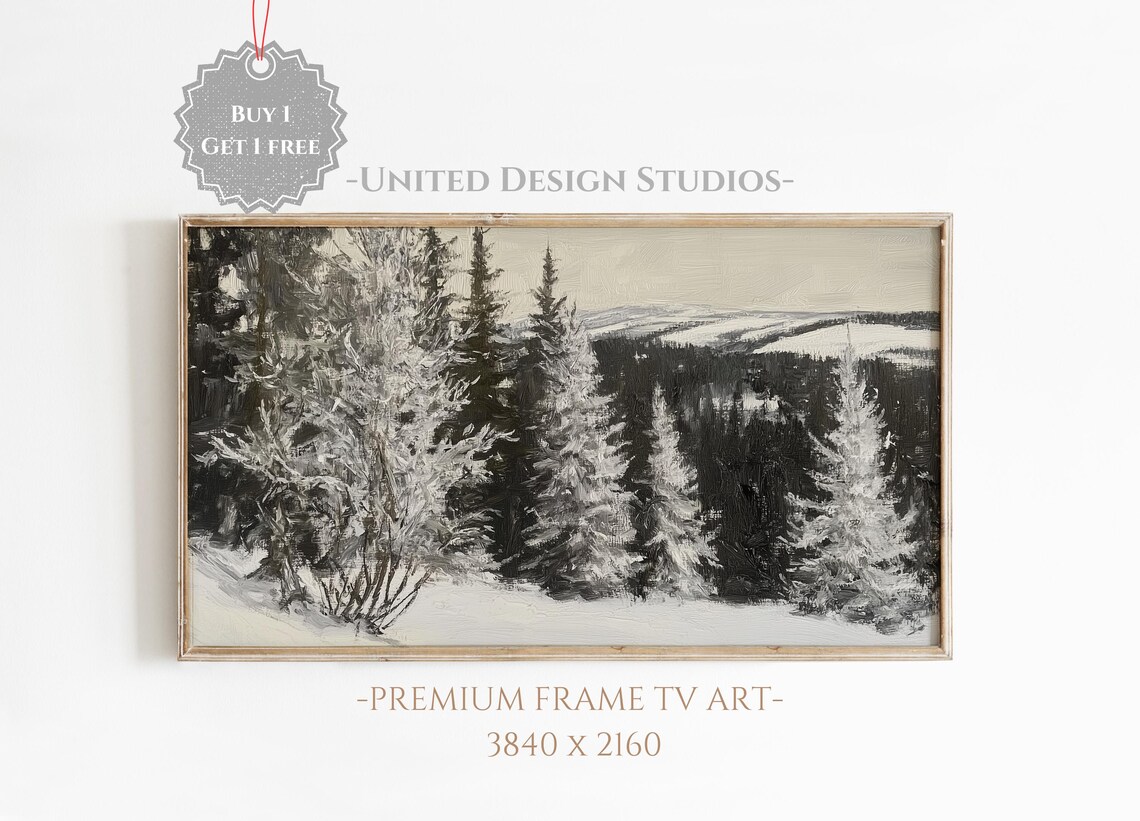 Moody Frosted Forest Winter Landscape Painting Farmhouse Art Print