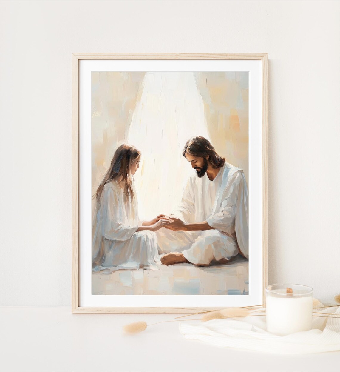 Jesus And Woman Praying Together White Robes Soft Golden Light Faith Poster - Image 4