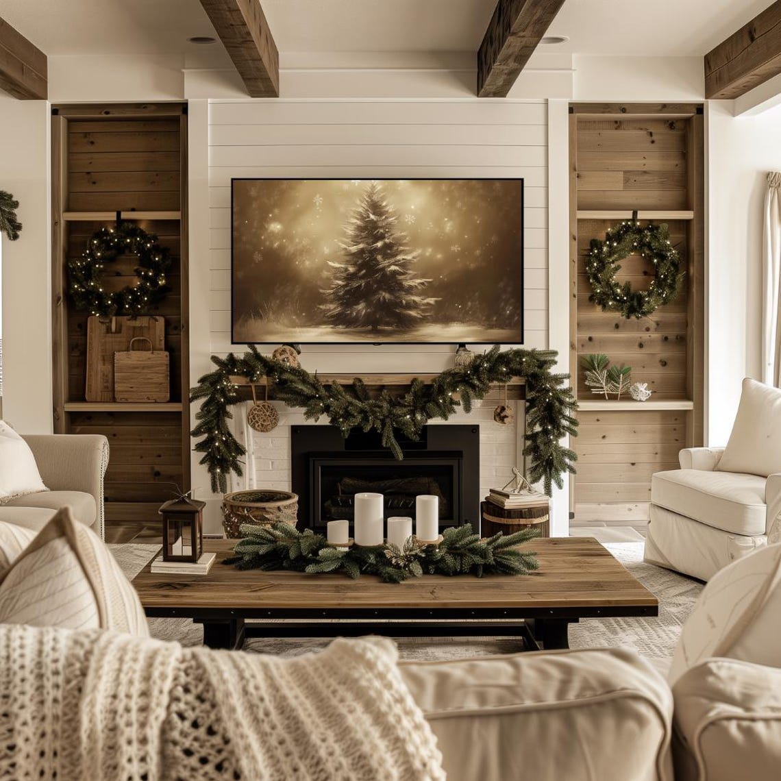 Lone Snowy Pine Tree Golden Nightfall Falling Snow Winter Art Poster - Image 4