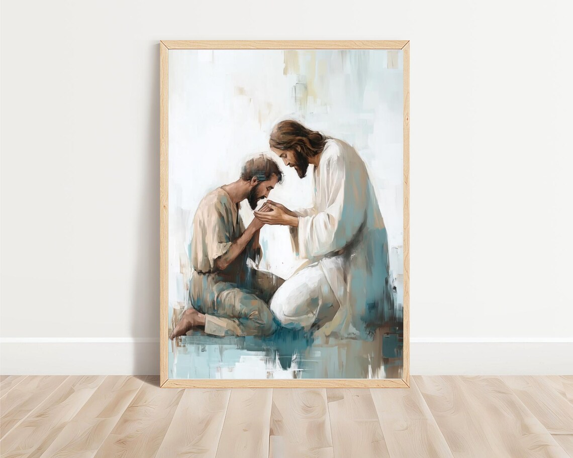 Jesus Praying With Man Foreheads Touching Tender Comfort Blue Watercolor Poster - Image 3
