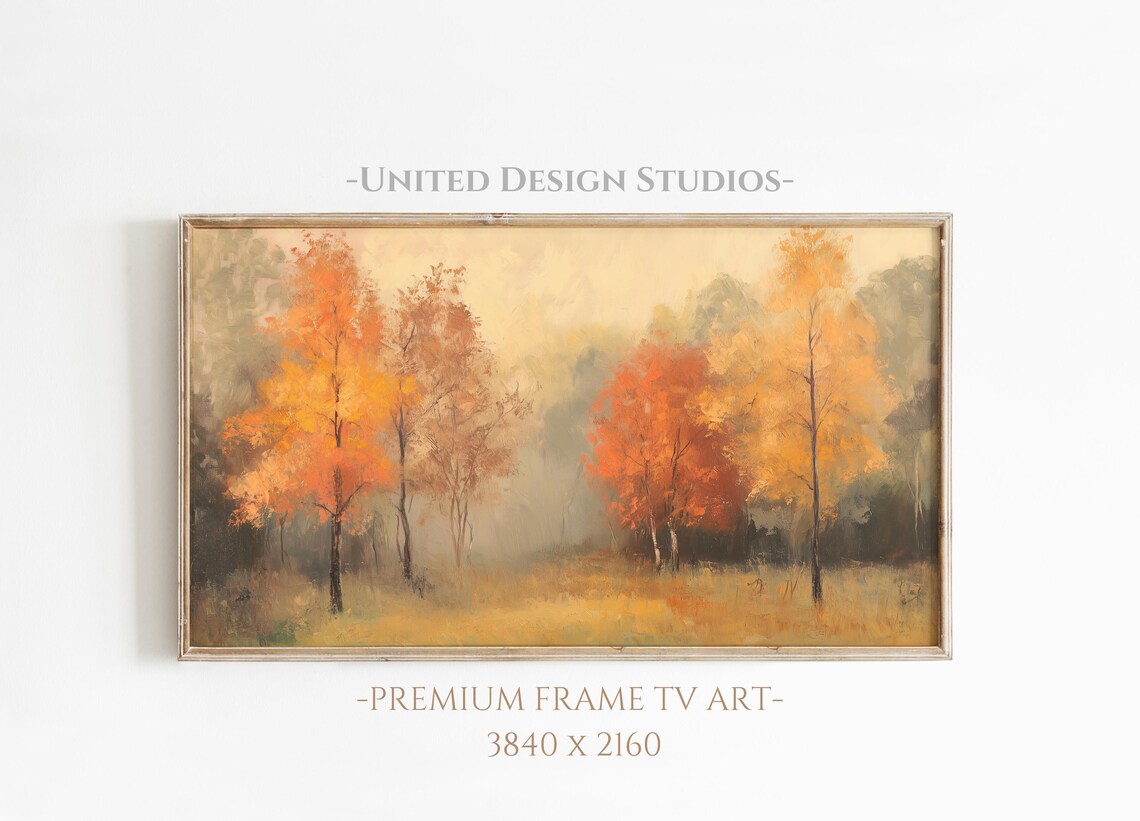 Golden Autumn Trees Misty Fall Forest Oil Painting Travel Poster