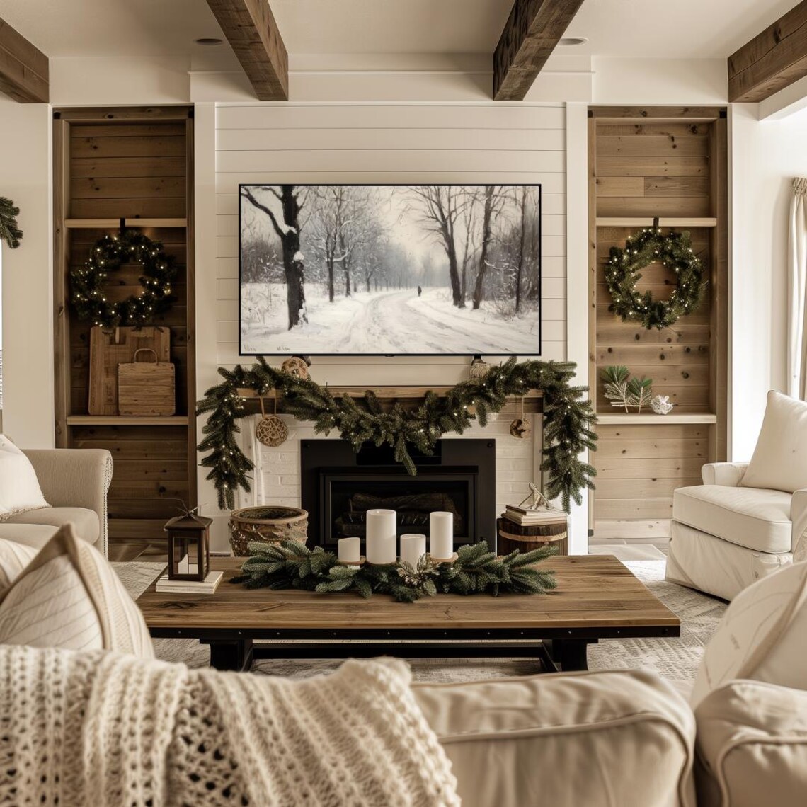 Frame Tv Winter Art Neutral Moody Painting Of Winter Landscape Rustic Farmhouse Winter Landscape Frame Tv Art Christmas Frame Tv Art - Image 4