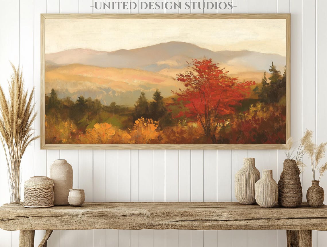 Fall Mountain Landscape Golden Hills Red Autumn Tree Panoramic Poster - Image 2