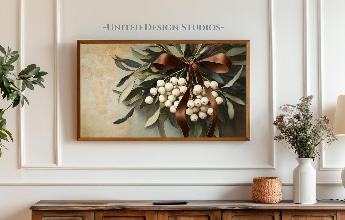Christmas Mistletoe White Berries Brown Satin Bow Holiday Wall Art - Image 3