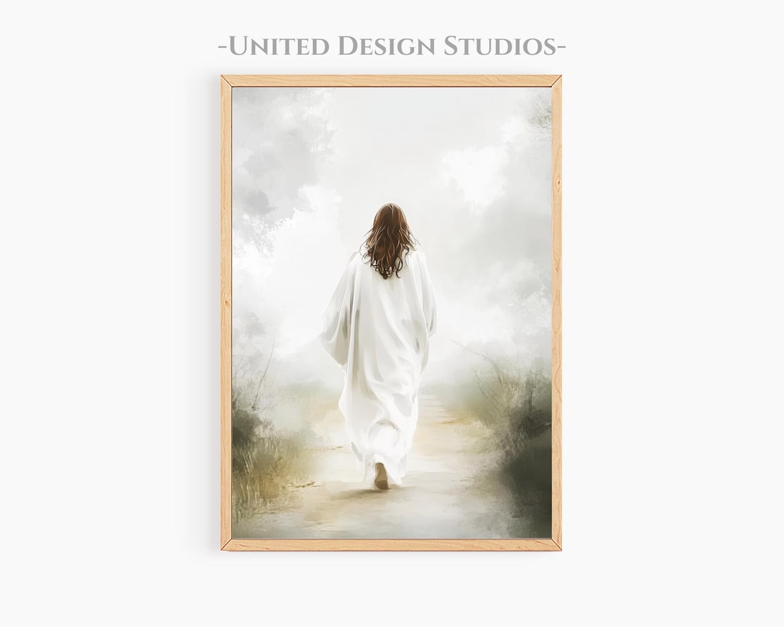 Jesus Walking Soft White Robe Misty Path Modern Christian Watercolor Poster