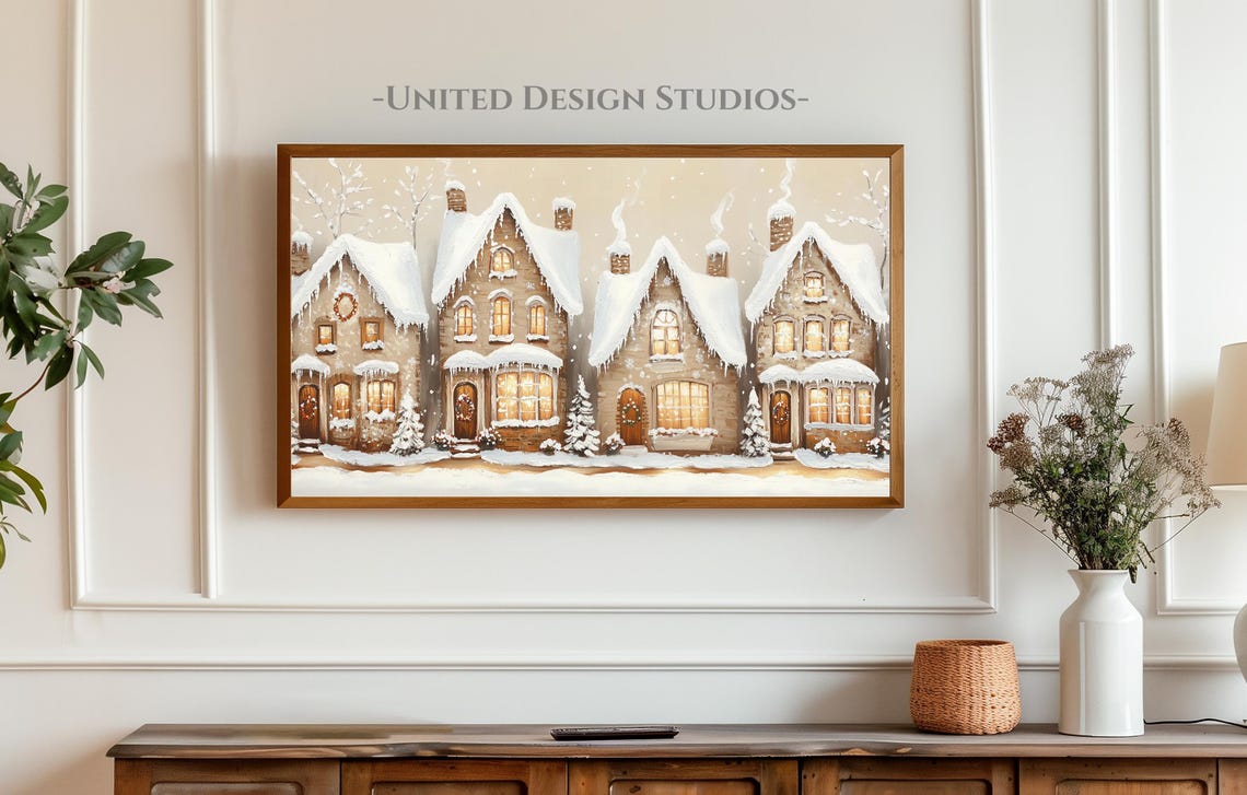 Christmas Houses Frame Tv Art Oil Painting Of Christmas Houses Frame Tv Art Christmas Village Town Tv Art Farmhouse Christmas Tv Art - Image 3